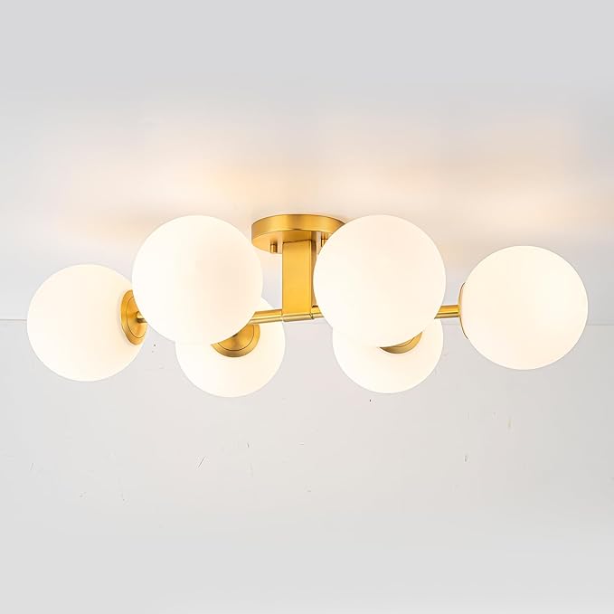 EDISLIVE 6-Light Semi Flush Mount Glass Ceiling Light Milk Globe, 27 in Antique Gold Milk White Glass Sputnik Chandelier MSM Frosted Glass Shade for Bedroom Livingroom Kitchen E12 Bulb