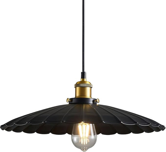 Hanging Light Fixture, Metal Pleated Lampshade Kitchen Island Pendant Lights Black Hanging Light Fixture 15.7 Inch Hanging Pendant Light 6.5Ft Height Adjustable