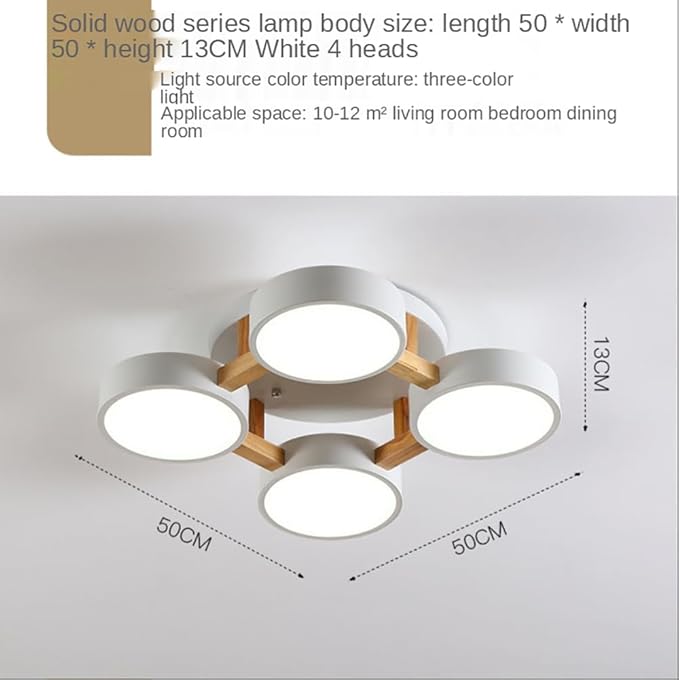 LED Ceiling Light Fixture,20 Inch 4-Lights Modern Ceiling Lights Flush Mount Wooden 44W Chandelier for Living Room Bedroom Kitchen,Dimmable 3000K/4000K/6000K Temperatures Selectable, White