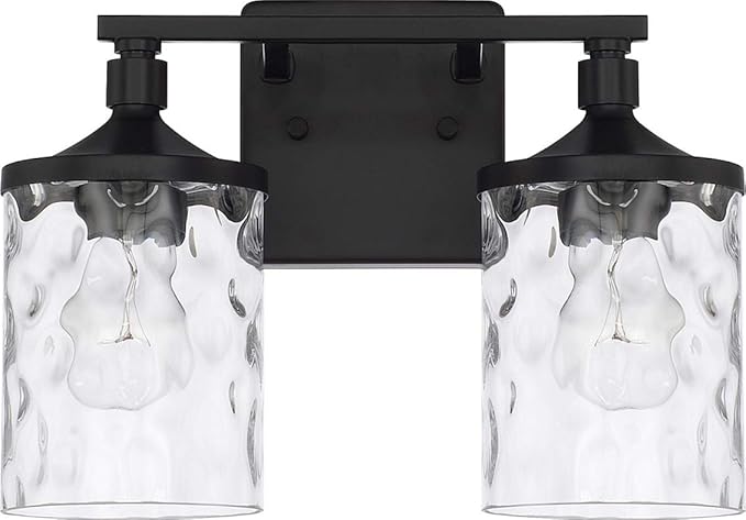 HomePlace Lighting 128821MB-451 Colton Mid-Century Clear Water Glass Bathroom Vanity Wall Light, 2-Light 200 Total Watts, 10" H x 13" W, Matte Black