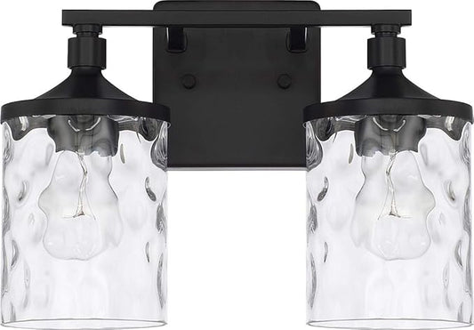 HomePlace Lighting 128821MB-451 Colton Mid-Century Clear Water Glass Bathroom Vanity Wall Light, 2-Light 200 Total Watts, 10" H x 13" W, Matte Black
