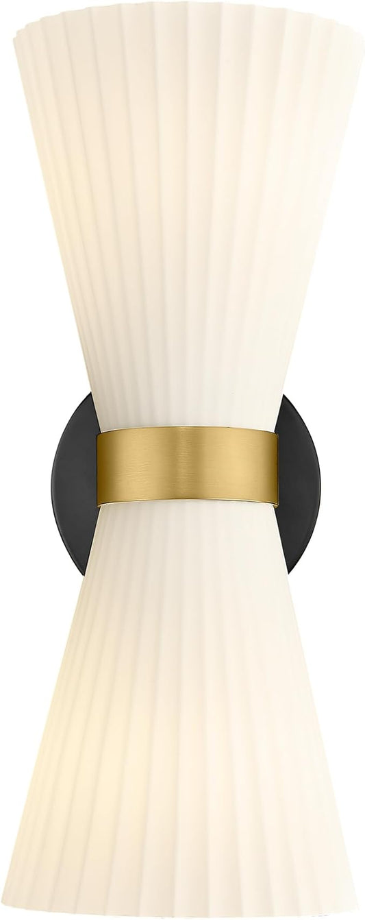 Indoor Wall Sconces, HWH Hardwired Black and Gold Bathroom Sconces Wall Lighting with Frosted Milk White Striped Glass, Modern Sconces Wall for Bathroom Hallway, 5HZG97B-2W BK+BG