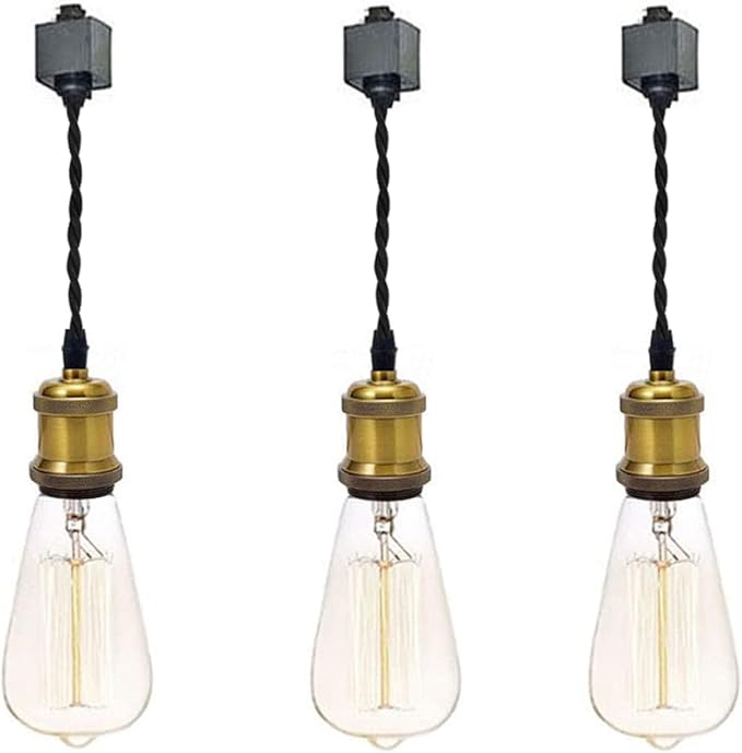Kiven 3-Light H-Type Wire Track Light Pendants, 7 Inch Cord Length Black Weave Rope, Restaurant Chandelier Decorative Pendant Light Industrial Factory Pendant Lamp 3 Pack,Bulb Not Included（Gold）