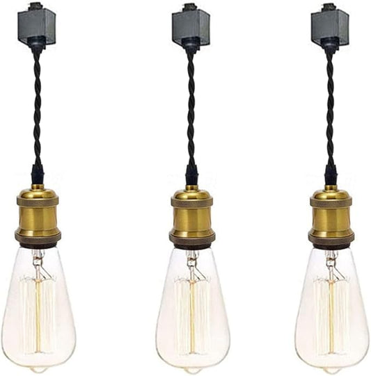 Kiven 3-Light H-Type Wire Track Light Pendants, 7 Inch Cord Length Black Weave Rope, Restaurant Chandelier Decorative Pendant Light Industrial Factory Pendant Lamp 3 Pack,Bulb Not Included（Gold）