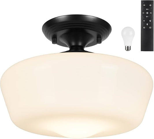 Schoolhouse Style Semi Flush Mount Ceiling Light with Dimmable Bulb Remote Control, 12" Modern Gold Hallway Ceiling Lamp with Opal Milk Glass Shade, Farmhouse Globe Light for Bedroom Kitchen Laundry