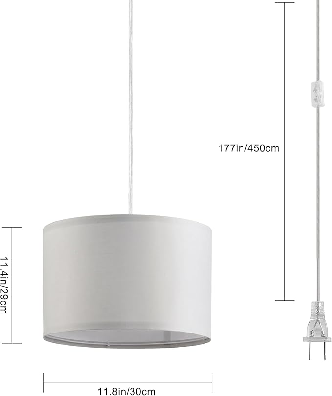 2 Pack Plug in Pendant Light, Hanging Light with 15Ft Clear Cord, On/Off Switch, French Grey Fabric Lamp Shade, Hanging Light Fixture for Bedroom, Kitchen, Living Room, Dining Table
