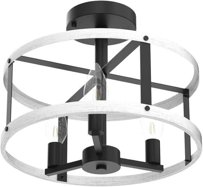AGV LIGHTING Farmhouse Semi Flush Mount Ceiling Light Fixture There-Light Close to Ceiling Light, White Ash Wood Texture with Black Bronze Finish