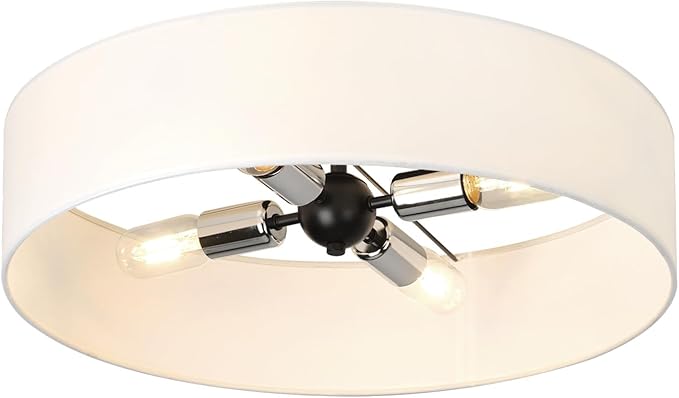 20 Inch Semi Flush Mount Ceiling Lights, Modern Sputnik Chandeliers,4-Light Farmhouse Black and Silver Ceiling Light Fixture with White Fabric Shade, Drum Light Fixtures for Bedroom,Living Room