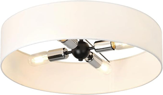 20 Inch Semi Flush Mount Ceiling Lights, Modern Sputnik Chandeliers,4-Light Farmhouse Black and Silver Ceiling Light Fixture with White Fabric Shade, Drum Light Fixtures for Bedroom,Living Room