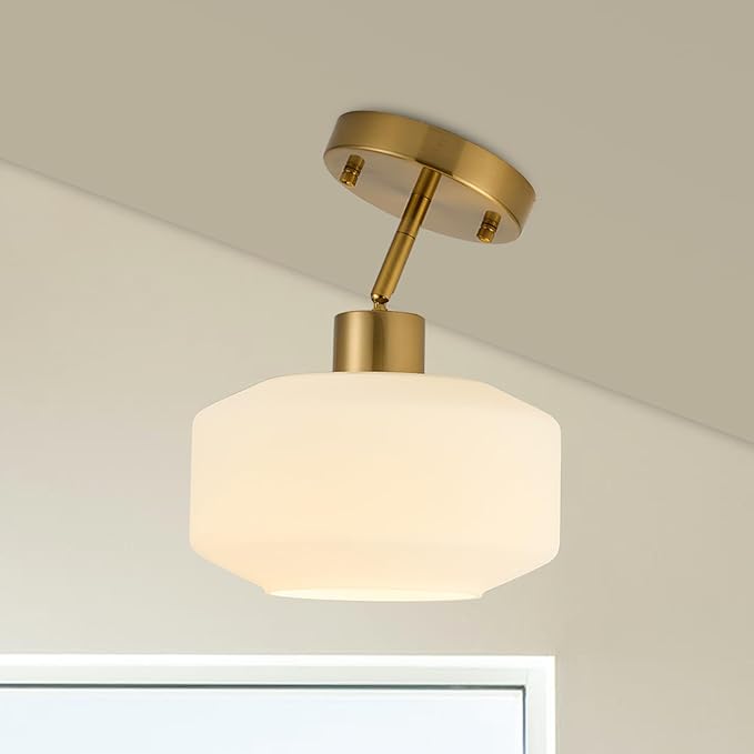 Upgraded Modern Brass Semi Flush Mount Ceiling Light Fixture, Adjustable Hanging Gold Farmhouse Ceiling Light, 8.66" Milk White Glass Shade, Sloped Ceiling Adaptable, for Hallway, Entryway, Kitchen