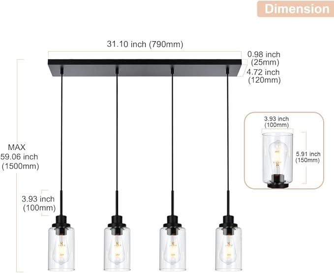 Black Pendant Light Fixtures with Clear Glass, 4-Lights Adjustable Height Hanging Ceiling Lights, Kitchen Island Lighting for Living Room Office Bar Farmhouse