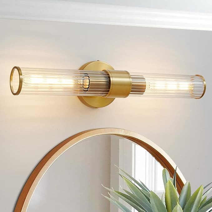 Bathroom Light Fixtures, Gold Wall Sconce in Threaded Glass Indoor Wall Sconces, Modern Bathroom Vanity Light Up and Down Sconces Wall Lighting for Living Room, Hallway - Bulb Not Included