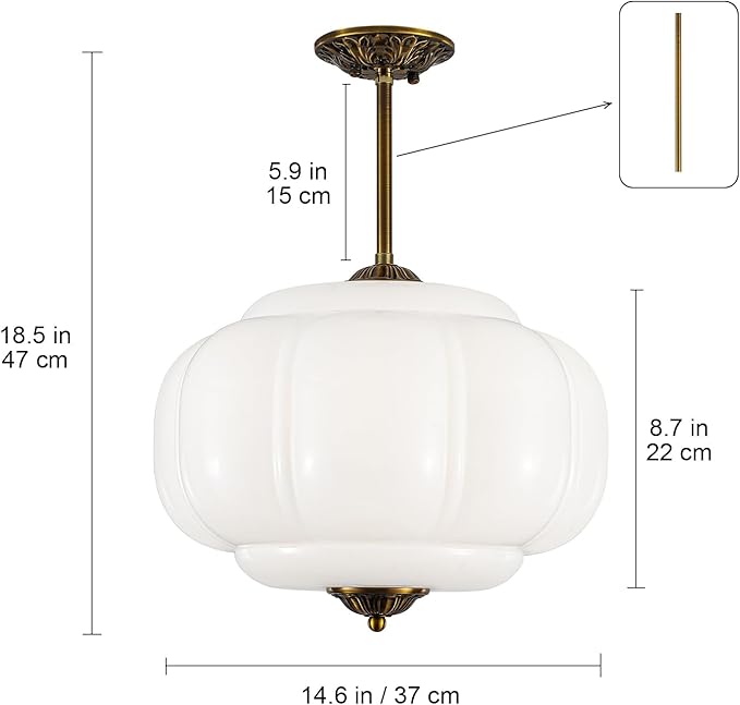 Vintage Milk Glass Ceiling Light Fixture, 15" Mid Century Semi Flush Mount Ceiling Light, Antique Pendant Light for Entryway, Foyer, Kitchen, Hallway, Dining Room, Bedroom