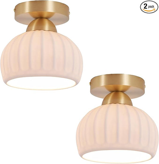 2 Pack Ceramic Brass Semi Flush Mount Ceiling Light Vintage Hallway Light Fixtures, Modern Small Ceiling Mount Light Lamp for Hall Kitchen Entryway Passway Porch Foyer