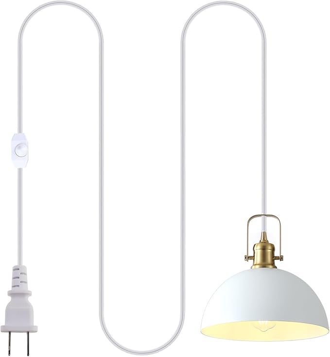 Plug in Pendant Light, Matte White and Gold Finish Haning Light with 19.68 Ft Cord, Dimming Switch, Metal Farmhouse Hanging Lamps for Living Room, Kitchen, Dining Room, Bedroom 9.84"