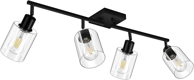 4-Light Track Lighting Fixtures with Seeded Glass Shade, Modern Kitchen Lighting Fixtures Ceiling, Rotatable Track Head, Wall Mount Ceiling Light for Bedside Hallway Bedroom, Matte Black