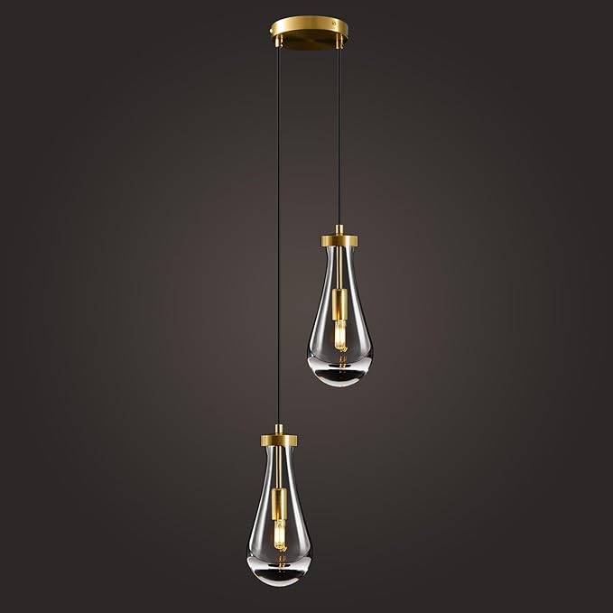Raindrop Pendant Lights Kitchen Island: 2-Lights Crystal Teardrop Gold Pendant Light Fixture over Dining Table - Modern Glass Gold Rain Drop Ceiling Chandelier Bedroom Bathroom Breakfast Bar Lighting