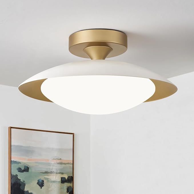 Dimmable Modern Mid-Century Ceiling Light, White and Gold LED Semi Flush Mount Ceiling Light, 5CCT 2700K-6000K Lighting Fixture Ceiling Lamp with Glass Shade for Bedroom Hallway Kitchen, 12.6in