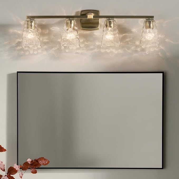 Kichler Marant 4-Light Bathroom Vanity Light Fixture with Clear Water Glass in Champagne Bronze for Over Mirror, Modern Wall Mount Lighting (33.25" x 9.5" x 6.75"), 55217CPZWTR