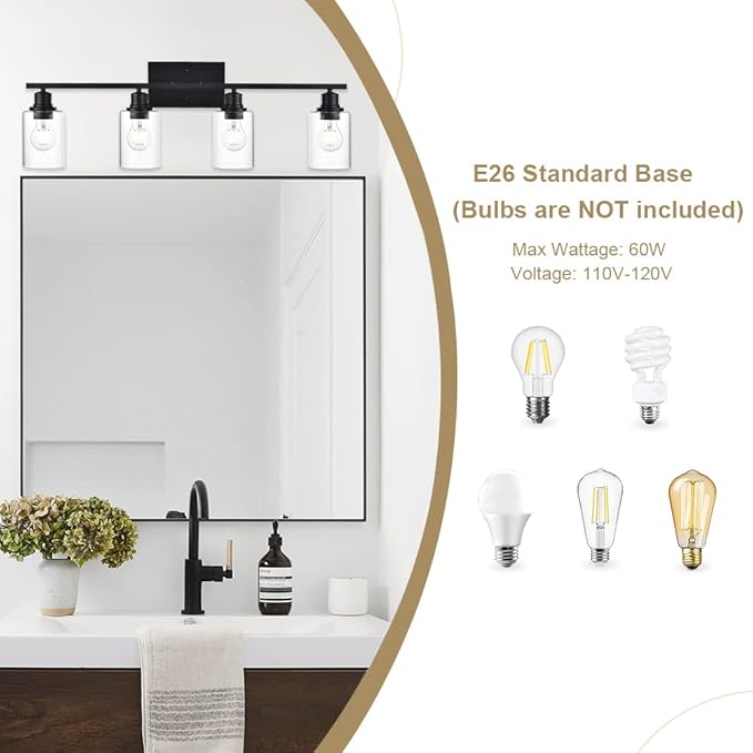 VINLUZ 4-Lights Black Bathroom Vanity Light Fixtures with Clear Cylinder Glass Shade,Industrial Metal Wall Mounted Lighting Over Mirror