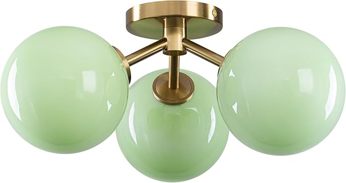 Green Semi Flush Mount Ceiling Light Fixture, 3 Light Opal Glass Globe Mid Century Modern Light Fixtures for Bedroom,Entryway,Hallway,Living Room,Kithcen,Dining Room