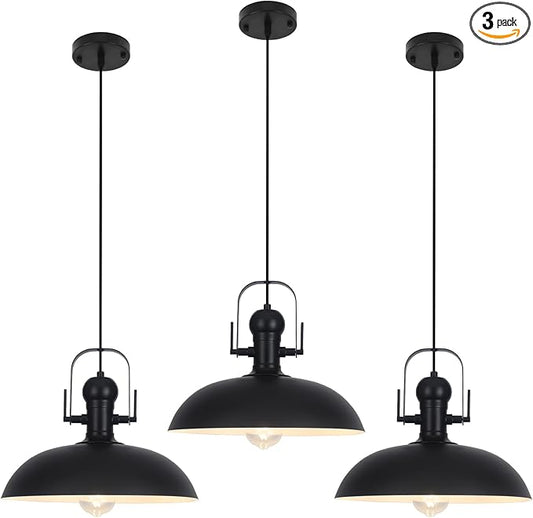Black Pendant Lights 3 Pack, Dome Pendant Light Kitchen Island 13.8 Inch, Black Farmhouse Pendant Light, Industrial Pendant Lights for Kitchen Barn Hallway Porch Dining Room