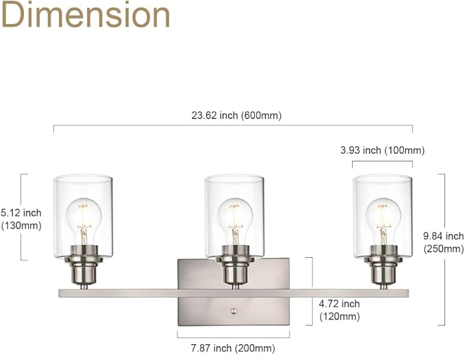 VINLUZ Metal Brushed Nickel 3 Lights Wall Light,Indoor Vanity Light Fixture with Clear Glass Shade Farmhouse Bathroom Lighting Fixtures Over Mirror for Porch Workshop