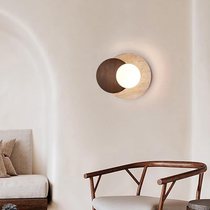 Marble Wall Lamp, Bathroom Vanity Light Fixtures, Wall Mount Lamp, Over Mirror, Wall Sconces Set of 2, Vintage Wall Light with Wood and Stone Shade, for Porch Workshop Kitchen Living Room