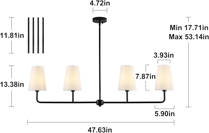 Black Linear Chandelier Modern Farmhouse Kitchen Island Light Fixture Classic 4 Light Chandeliers with White Linen Shades Over Dining Table