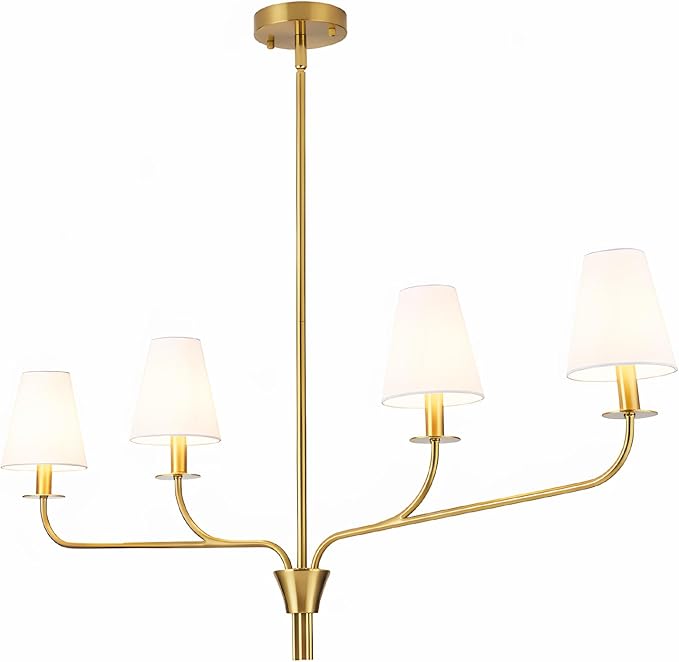 Modern 42" Linear Chandelier for Kitchen Island & Dining Room - 4-Light Gold Finish with White Fabric Shades, Adjustable Hanging Pendant Light Fixture, E12