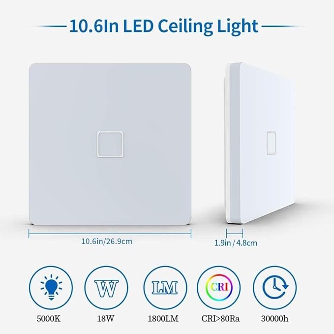 Airand 5000K LED Ceiling Light Flush Mount Ceiling Lamps 18W LED Ceiling Light Fixture,10.6 inch Square LED Light Fixture for Home & Office, Hallway with 180pcs LED Chips, 1800LM, 80Ra+ (Daylight)