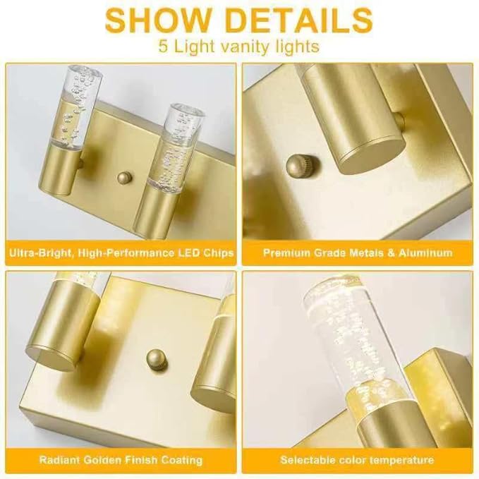 Bathroom Vanity Light Fixtures Over Mirror, Brushed Golden Finish Coating, 5 Light Wall Sconces for Bathroom