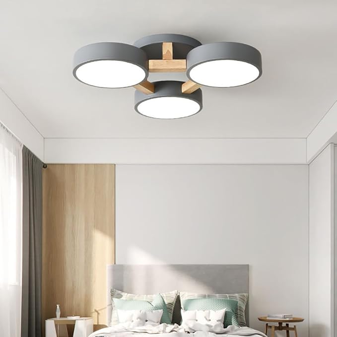 LED Ceiling Light Fixture,Modern Ceiling Lights Flush Mount Wooden Chandelier for Living Room Bedroom Kitchen,Dimmable 3000K/4000K/6000K Temperatures Selectable (Gray, 3 Lights)