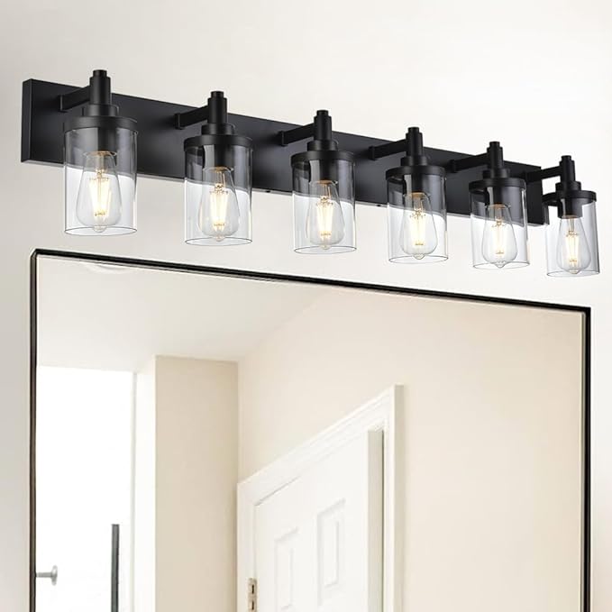 Black Bathroom Vanity Light Fixture,6 Light Vintage Bathroom Lighting Fixtures Over Mirror with Clear Glass Shade Wall Lighting Fixture for Kitchen Living Room Dresser Bedroom Corridor
