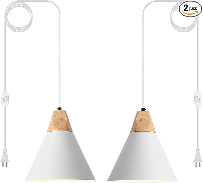 Plug in Pendant Light, 2 Pack 9.4inch Hanging Lights with Plug in Cord 14.7 ft, White Pendant Light Plug in, Hanging Pendant Light, Hanging Lamp Plug in for Bedroom Living Room Kitchen Island