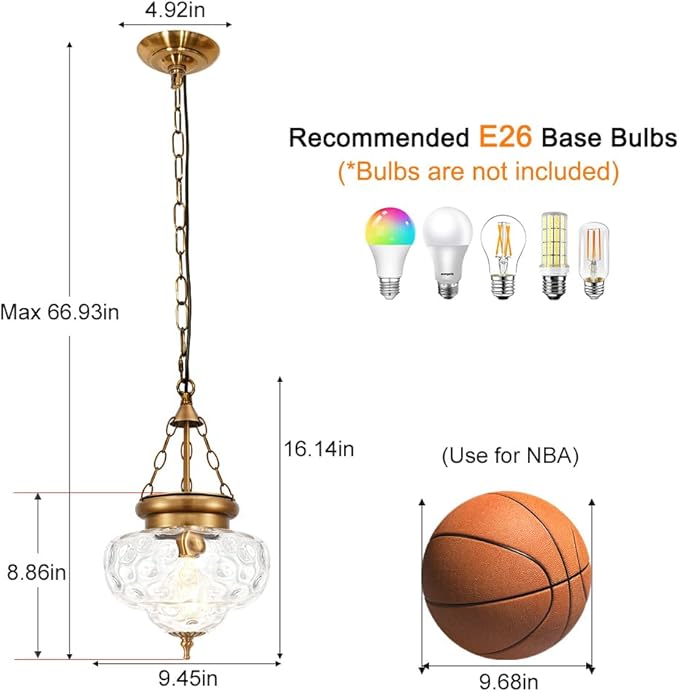 Vintage Pendant Light - Bronze Gold Pendant Lights Kitchen Island with Hammered Glass Shade, Brass Penant Lighting Fixtures with Adjustable Hanging Chain for Kitchen, Dining Room, Entryway