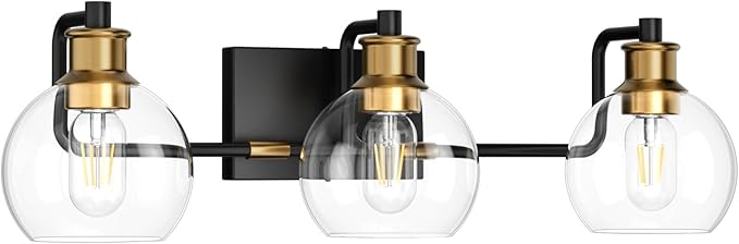 Tipace Black & Gold Vintage Bathroom Vanity Light Fixtures Over Mirror Glass Globe 3 Lights Industrial Vanity Lights Farmhouse Bath Lighting(Exclude Bulb)