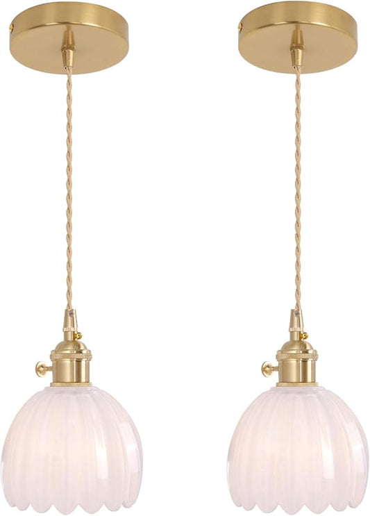 Shenmoyl Pendant Light 2 Pack with White Tulip Glass Lmapshade, Brass Vintage Pendant Light Adjustable Hanging Light for Kitchen Island Dining Room Hallway