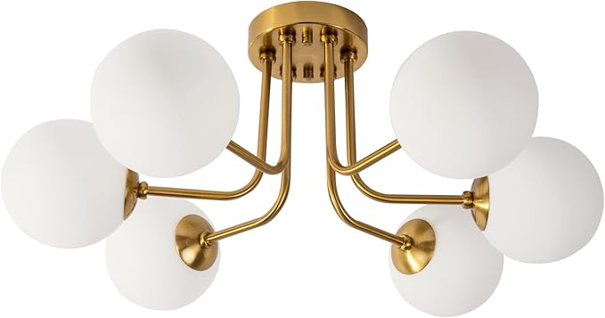 Modern Semi Flush Mount Ceiling Light 6-Light,Globe White Glass Shade Semi Flush Mount Ceiling Light Sputnik Chandeliers for Bedroom Living Room Hallway Dining Room Lighting Fixture
