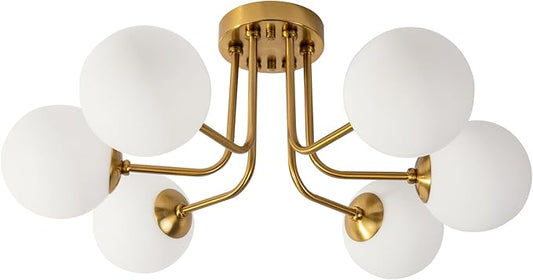 Modern Semi Flush Mount Ceiling Light 6-Light,Globe White Glass Shade Semi Flush Mount Ceiling Light Sputnik Chandeliers for Bedroom Living Room Hallway Dining Room Lighting Fixture
