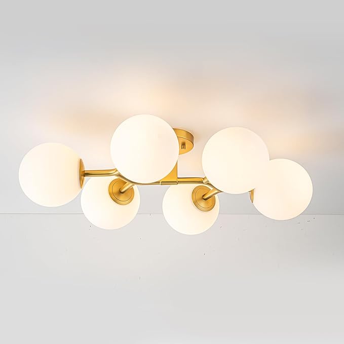 EDISLIVE 6-Light Semi Flush Mount Glass Ceiling Light Milk Globe, 27 in Antique Gold Milk White Glass Sputnik Chandelier MSM Frosted Glass Shade for Bedroom Livingroom Kitchen E12 Bulb