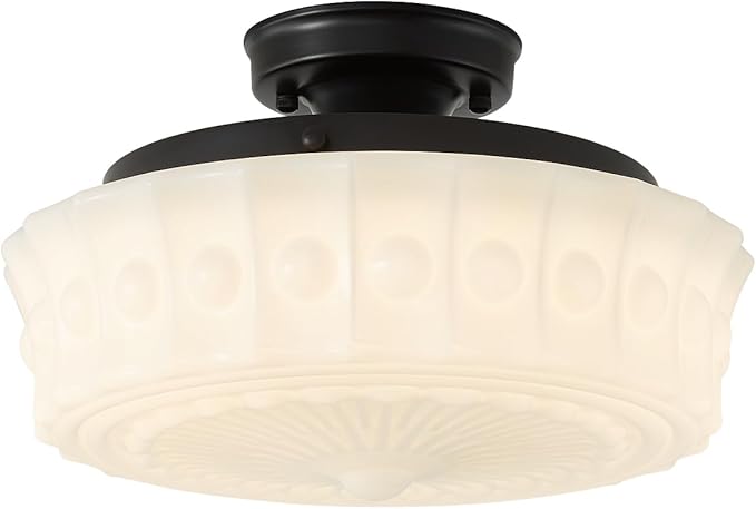 youngrender Schoolhouse Light Fixture Modern Black Flush Mount Ceiling Lighting 14" Milk White Glass Shade Vintage Ceiling Light for Farmhouse Kitchen Hallway Entryway