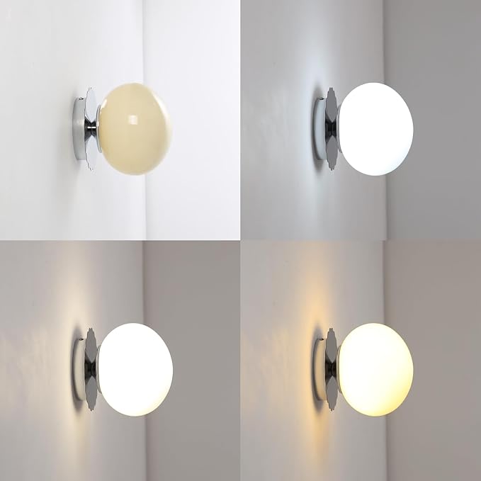 Modern Globe Glass Wall Sconces- Minimalist Home Shop Decor Wall Light 7" Glass Shade Hardwired- 1 Light Mid Century Wall Lamps Indoor Bedroom Bathroom Hallway Vanity Sconce Light (Chrome-Beige)