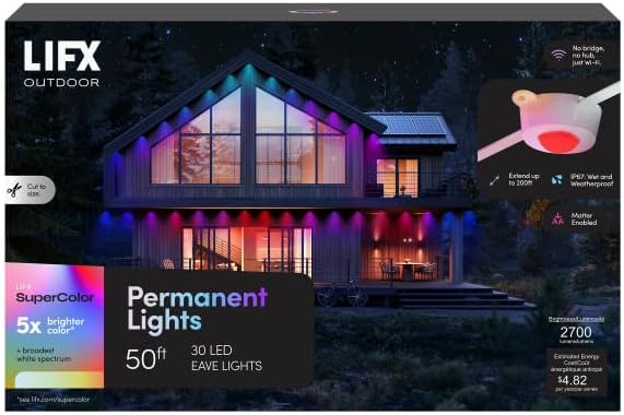 LIFX 50ft Outdoor Permanent Smart Lights, RGBW LED Strip with Supercolor, Wi-Fi Enabled, Cuttable & Extendable, App & Voice Control, Alexa/Google/Apple Compatible, IP67 Weatherproof, LFXSL50-30/LED