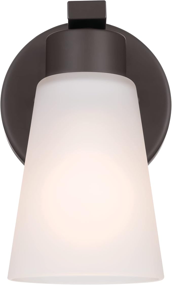 Kichler Stamos Wall Sconce 1-Light with Satin Etched Glass, Modern Bathroom or Hallway Light in Olde Bronze®, (8" H x 5" W x 6" D)