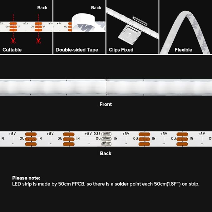 BTF-LIGHTING FCOB COB XGB1338(WS2812B) IC RGB 160LED/m 480IC LED Strip DC5V 9.8FT Individual Addressable Flexible High Density Uniform Light Dream Chasing Color 0.19in Width(NO Adapter or Controller)