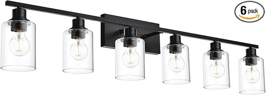 VINLUZ Bathroom Vanity Light Fixtures,6 Light Matte Black Modern Metal Base Wall Sconce Lighting with Clear Glass Shade Wall Mounted Lamp for Mirror