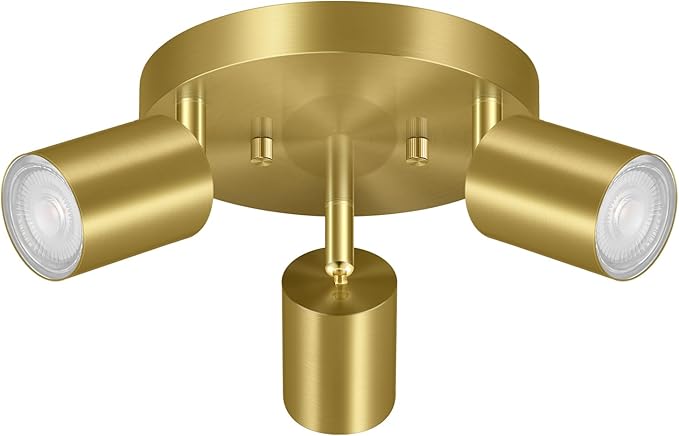 3 Light Track Lighting Fixtures Ceiling, Gold Round Directional Ceiling Spotlight, GU10 Flush Mount Track Fixture, Adjustable Modern LED Ceiling Lights for Kitchen/Living Room, Bulb Not Included