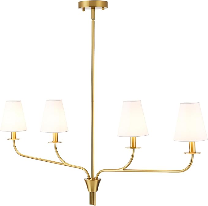 Modern 42" Linear Chandelier for Kitchen Island & Dining Room - 4-Light Gold Finish with White Fabric Shades, Adjustable Hanging Pendant Light Fixture, E12