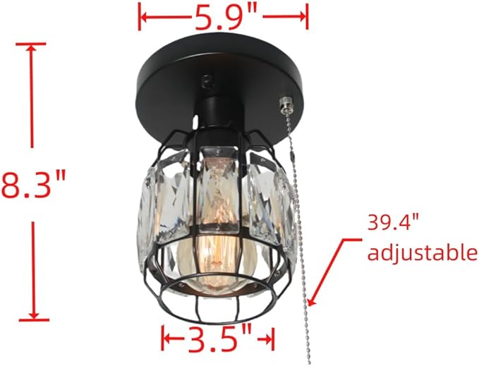 Crystal Cage Pull String Semi Flush Mount Light, 1-Light Black Metal Modern Industrial Ceiling Light Fixture with Pull Chain Small Round Hallway Closet Ceiling Light Edison E26 162